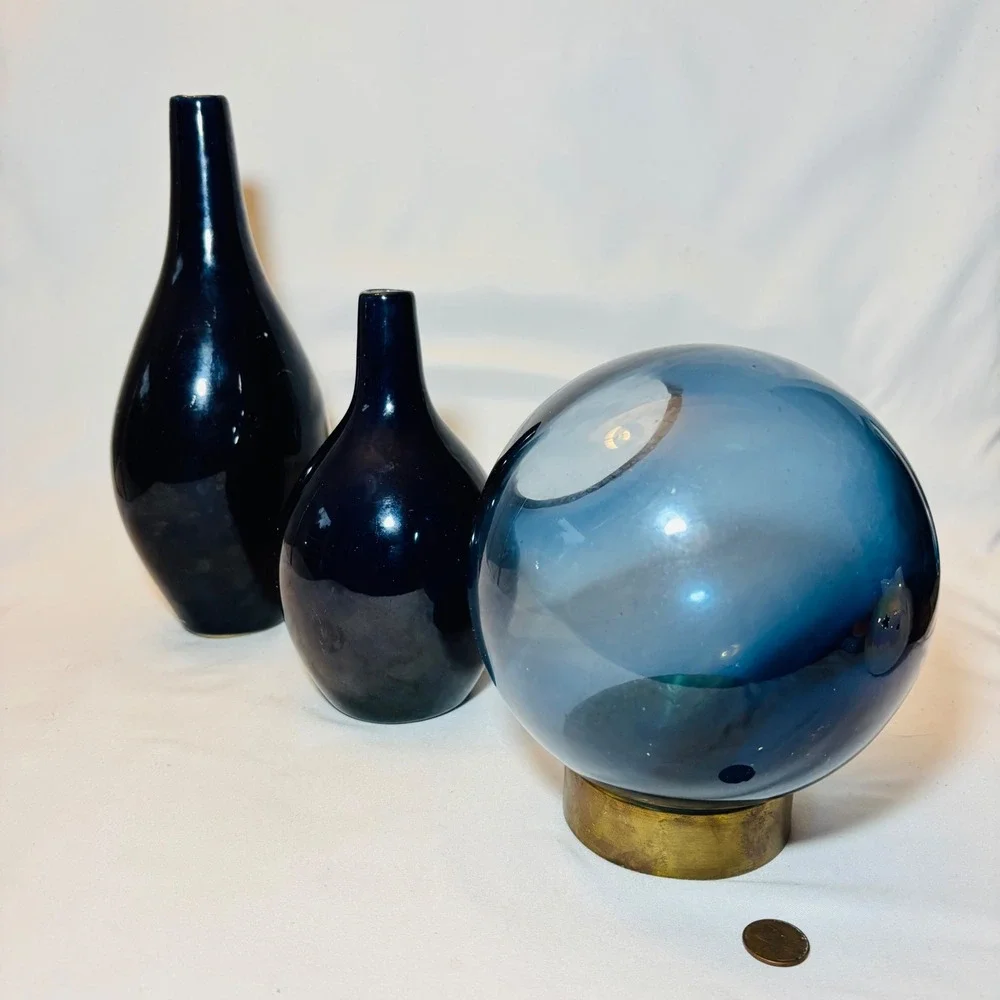 Cobalt Blue Sculptural Vase Set of 3 Orb Brass Base Modern Decor